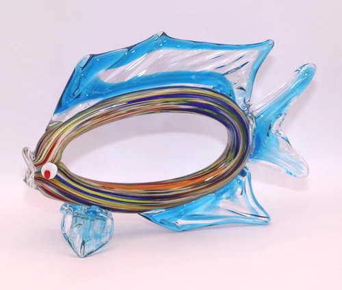 Vintage/Mid‑Century Blown Murano Glass Fish Sculpture–Blue Multi Color Stripes