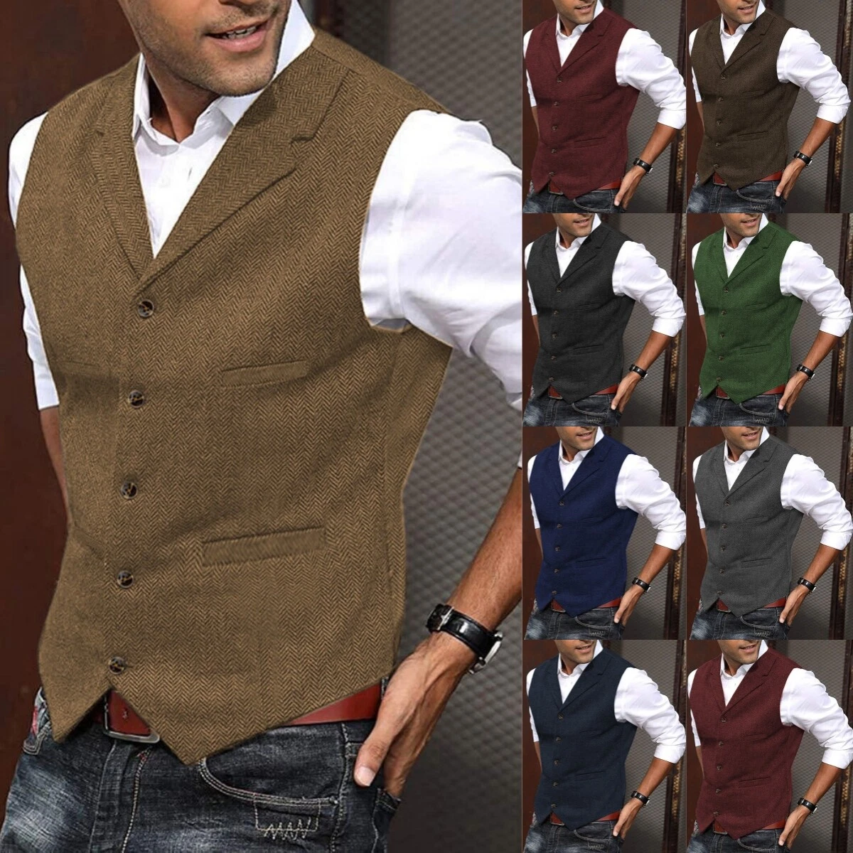 Yiaisafa Formele Heren Vesten Tweed Vesten Vintage Wol Retro Visgraat