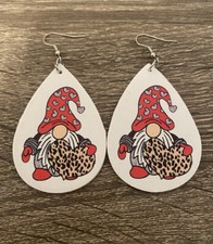 Valentines Gnomes Holding Leopard Heart Faux Leather Earrings 2 inches