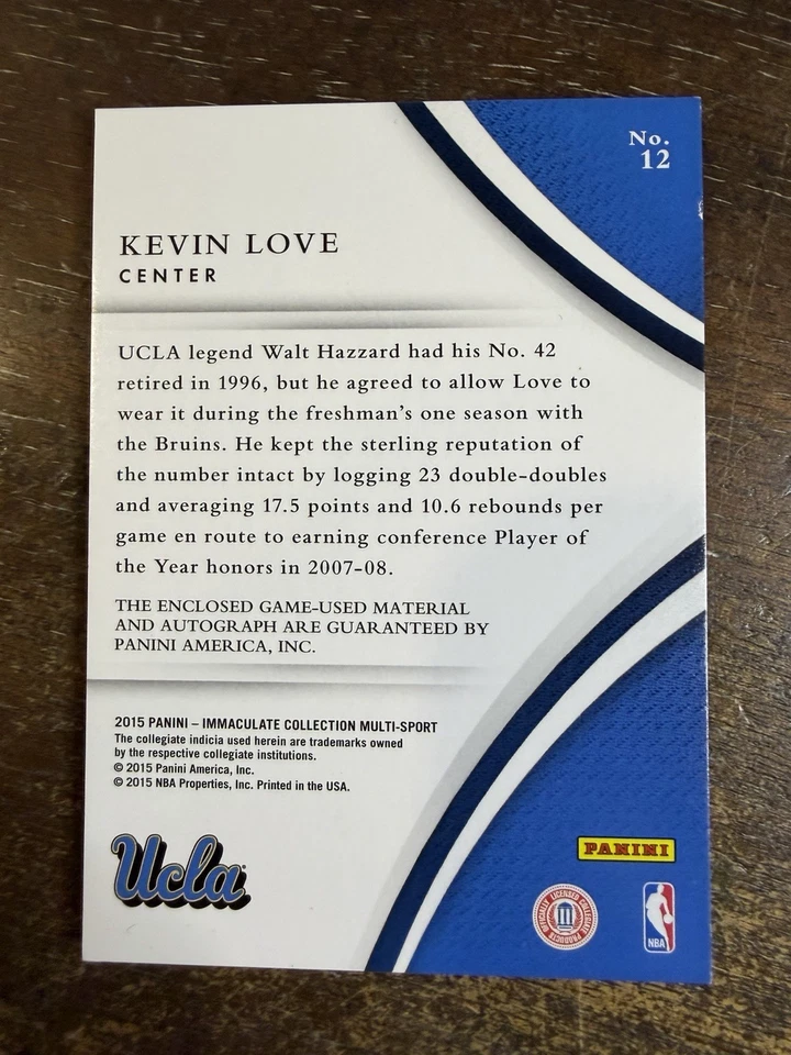 Immaculate Kevin Love 2015 parche en tarjeta automático #d/49 juego universitario UCLA USADO Foto 2 de 2