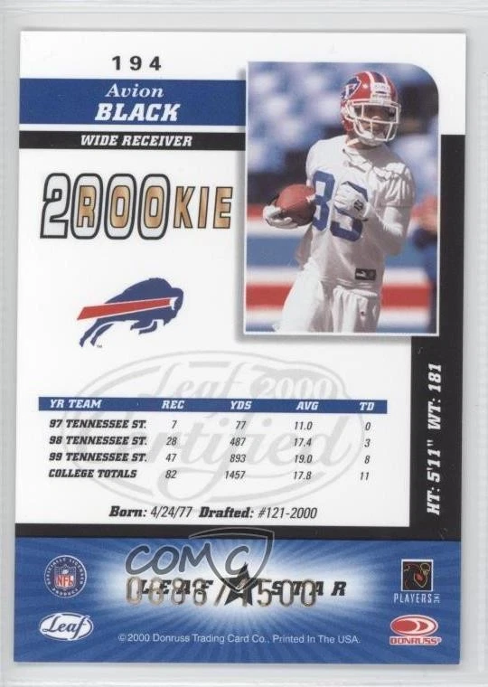 2000 Leaf Certified 2000 Rookie /1500 Avion Black #194 Rookie RC - Image 2 of 2