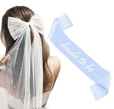2PCS Blue Bride To Be Sash and Pearl Bow Veil Set