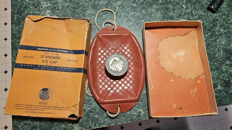 Used Vintage Davol Rubber Company Standard Ice Cap with damaged Box. Sold as is