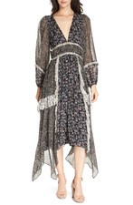 ULLA JOHNSON Noir Primrose Patchwork Midi Dress Ruffled Silk Floral Size 8 $725