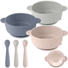 Eascrozn Silicone Baby Feeding Set, 3 Pack Baby Bowls with Suction and 3 Pack Ba