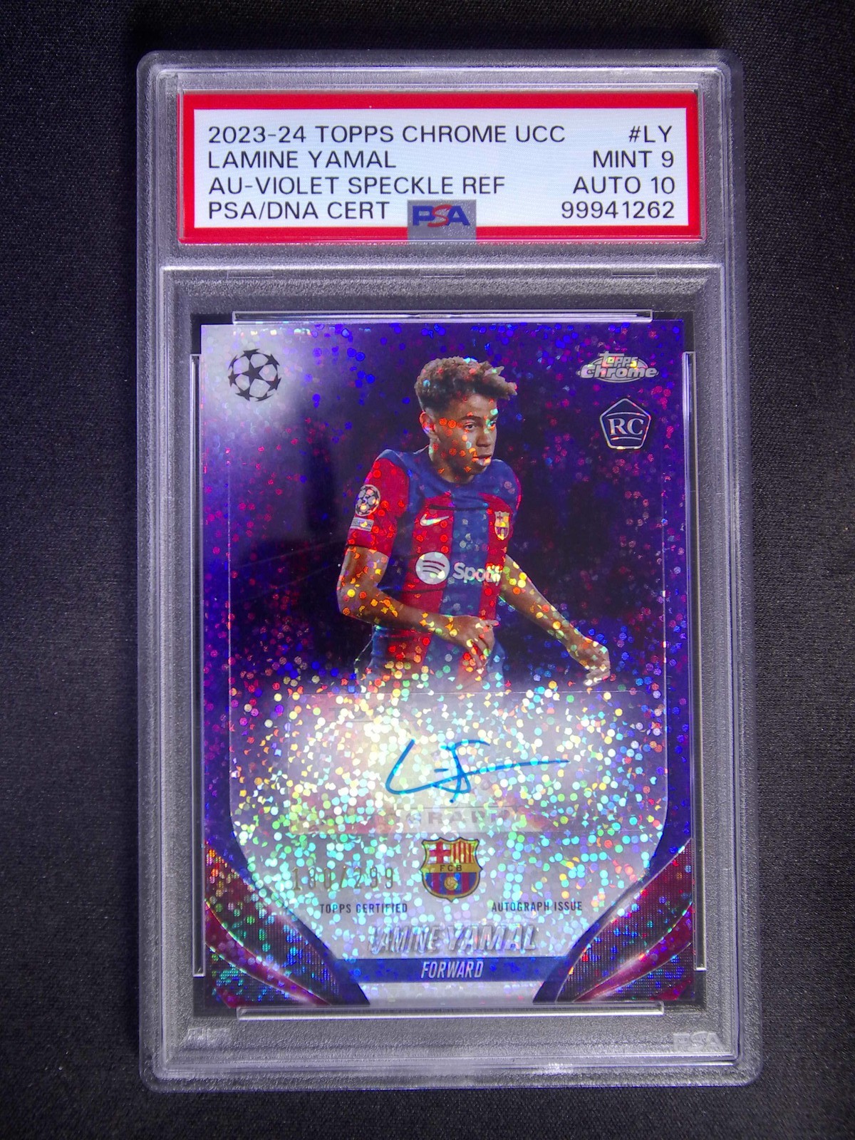 2023-24 Topps Chrome UEFA Lamine Yamal Rookie Auto Violet Speckle /299 PSA 9/10