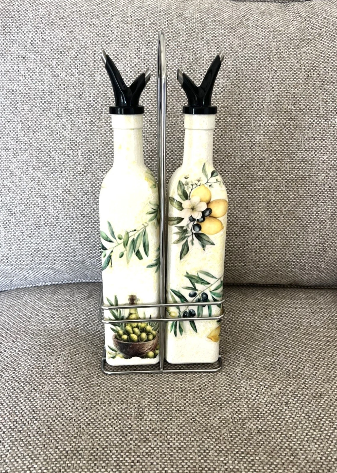 Set Of Oil & Vinegar Dispenser Set Mediterranean Design Hand Crafted With Rack.