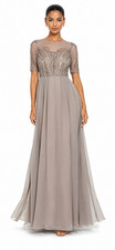 ADRIANNA PAPELL Taupe Beaded Sequin Illusion Chiffon Skirt Maxi Gown Dress 4 US