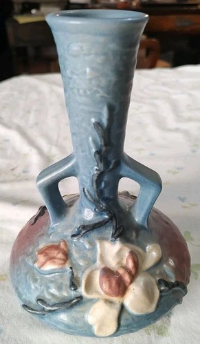 Vintage Roseville Magnolia Double Handle Vase #179-7 Blue 7.5" USA Original