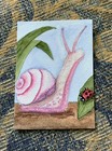 aceo original art, signed, Pink Snail in Garden, watercolor 2.5 " x 3.5 " — photo 4