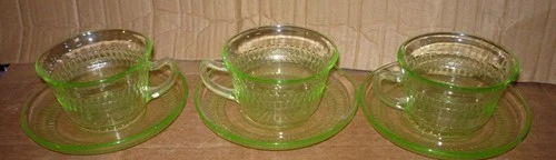 1930's Uranium Glass Roulette Pat. Cup & Saucer Green Depression Anchor Hocking