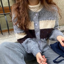 Women Knitted Tops Sweater Cardigan Coat Color Block Long Sleeve Knitwear Winter