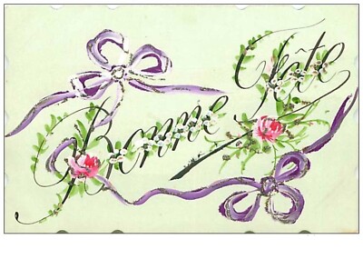 Fantasies No. 68 Happy Birthday Purple Bows Light Green Background Hand Painted