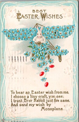 Postcard Best Easter Wishes-Anthropomorphic Bunny Piloting Blue Monoplane  U2