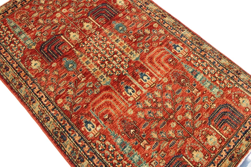 3x5 Ft Red Oriental Area Rug Afghan Hand Knotted Veg Dye Wool Small Area Rug - Image 4 of 4