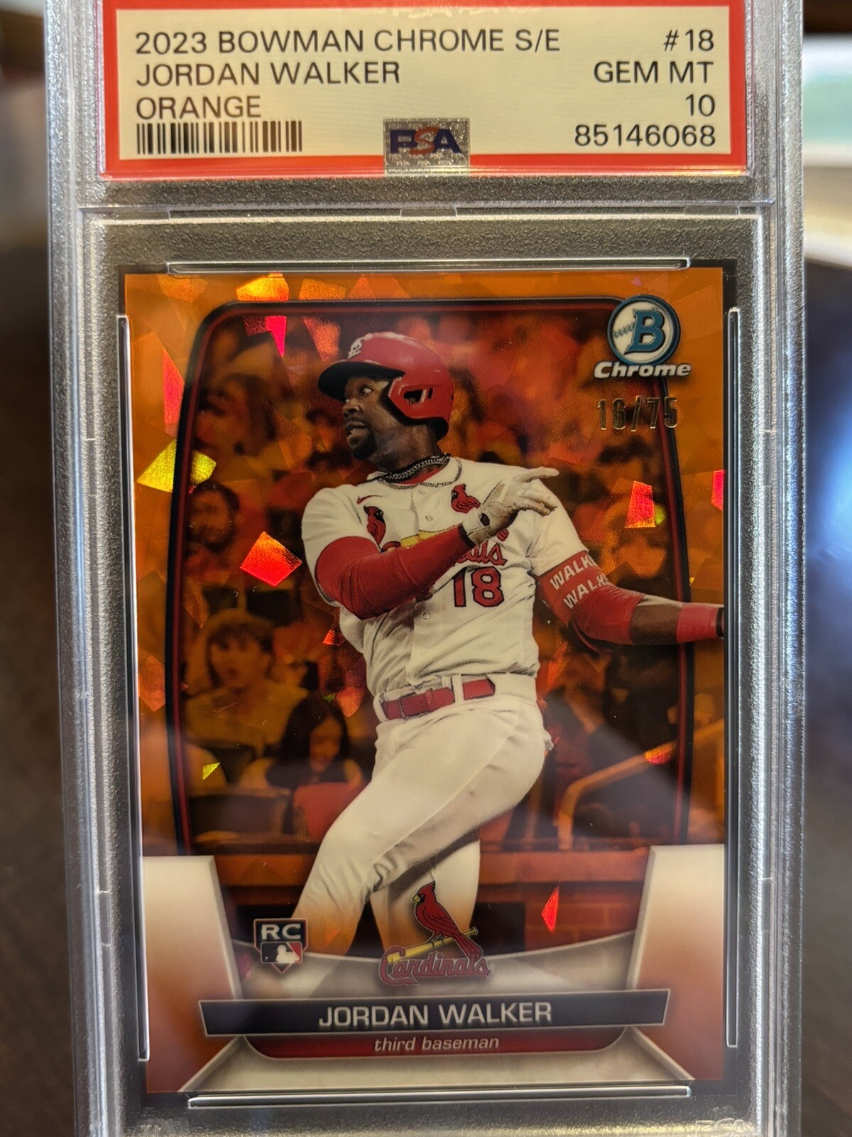 2023 Bowman Chrome Sapphire Jordan Walker Orange RC Rookie /75 #18 PSA 10 GEM