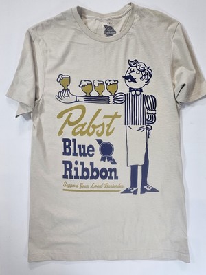 Pabst Blue Ribbon Mens T-Shirt Small Tan Blue Gold Graphic  Summer Beach Beer 