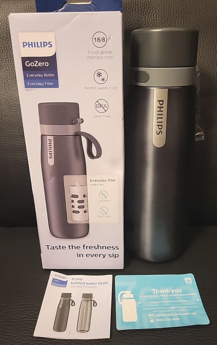 NEW Philips GoZero Everyday Bottle & Filter AWP2771 18.6oz Blk Stainless Steel