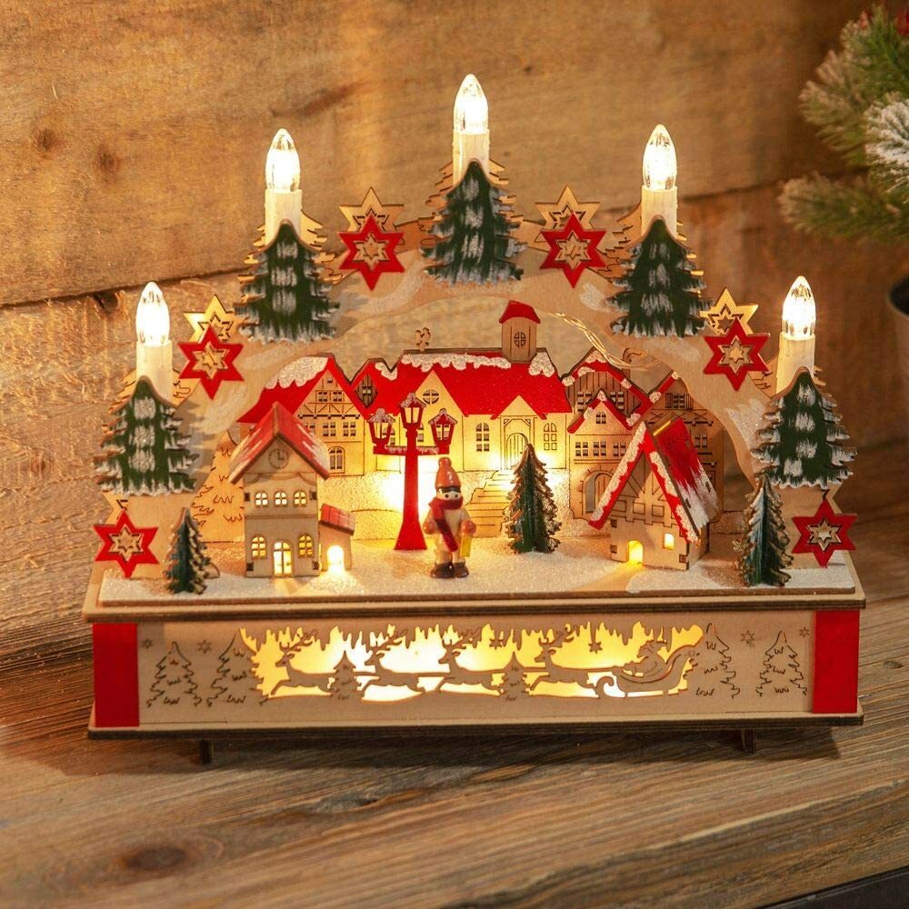 Candle Bridge Wooden 5 LED Lights Warm White & Christmas Village Scene Battery
