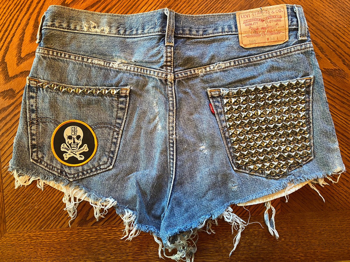 Hazmat Design Studded Cutoff Levi Denim Shorts Rare Punk Handmade 