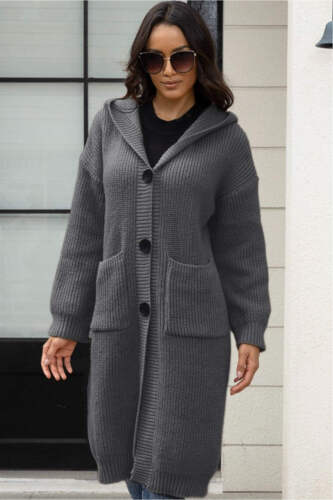 Women Button Up Long Sleeve Hooded Cardigan with Pockets - Picture 7 of 12