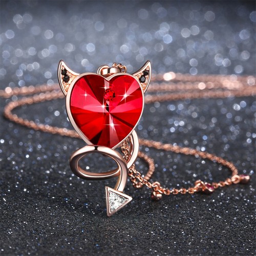 Red Heart Crystal Necklace for Women - Love Pendant Jewelry Gift, Evil Cat Charm - Foto 4 di 8