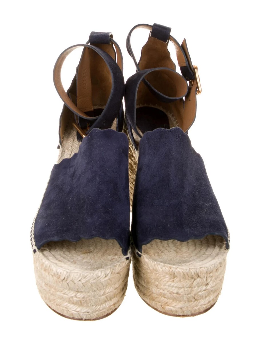 Chloe Blue Suede Scalloped Accent Espadrilles Wedge Heel Size EU 42 US 12
