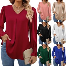 Women V Neck T-Shirt Tops Long Sleeve Pullover Blouse Plain Loose Tunic Solid  