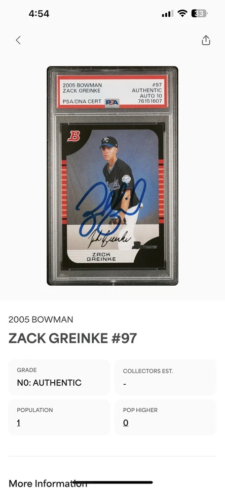 Zack Greinke Signed 2005 Bowman PSA 10 Auto Rookie Royals POP 1 RARE HOF - Image 3 of 3