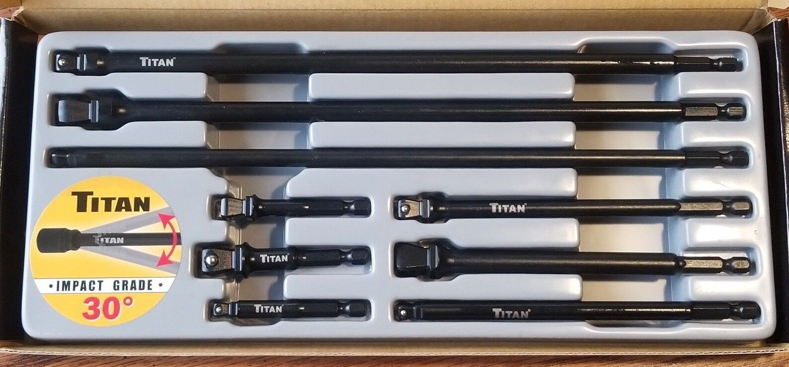Titan 9pc wobble Impact Socket Adapter Set 1/4 Hex to 1/4, 3/8 & 1/2 sq dr 49089