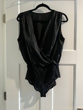VTG LUCIE ANN II Bodysuit Size L Satin Plung with Black Lace Nylon 80 s