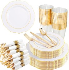 Gold Plastic Plates-Disposable White and Gold Plates 50guest