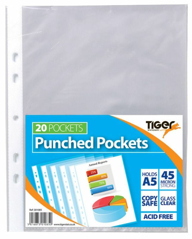 A5 Punched Pockets Small Poly Glass Clear 45 Micron Filing Paper Storage X 20