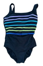 Vintage 90s Longitude Black Bright Striped One Piece Bathing Swim Suit Sz 14