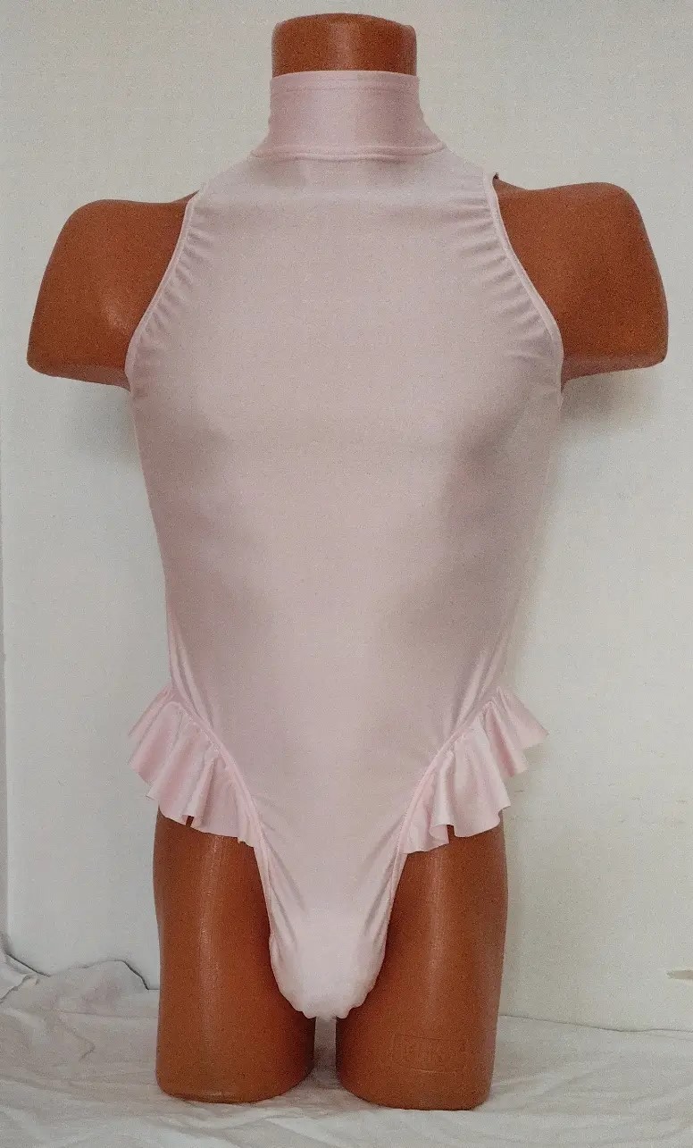 Hombres Tanga Leotardo 154-94 Cuello Alto Espalda Abierta Coqueta Falda Rosa Spandex Talla L