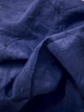 100 Flax Linen Fabric with Embroidery Navy Blue Medium Weight By The Yard