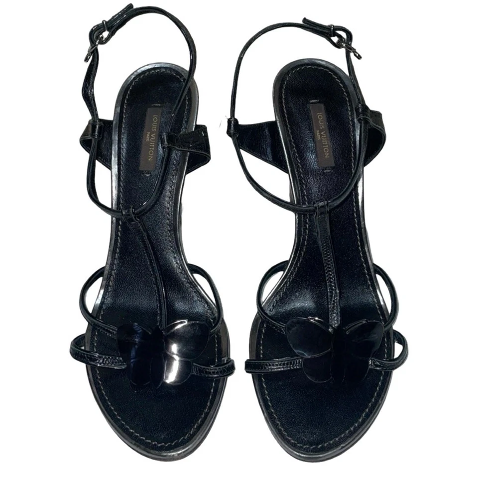 Louis Vuitton Black Croc Embossed Leather Butterfly Wedge Sandals   Size: EU 40 - Image 2 of 4
