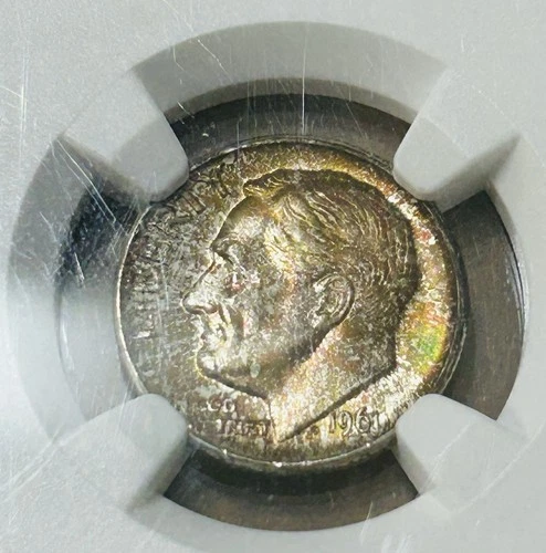 Gorgeous Toning~1961-D~10¢~Roosevelt Dime~NGC MS 66
