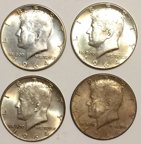 Lot of 4 Beautiful Uncirculated 1964-P John F Kennedy Silver Half Dollars