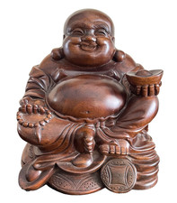 Vintage Chinese Hand Carved Wooden Laughing Buddha Statue Prosperity Symbol