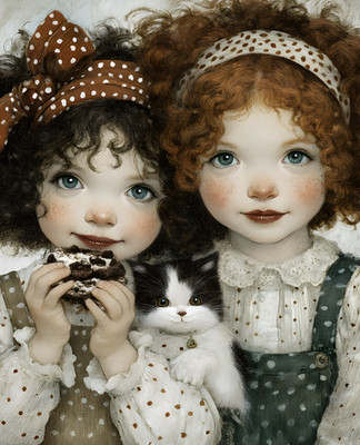 8x10 Cottagecore Storybook Two Dolls with Cat Companion Art Print - 795887115