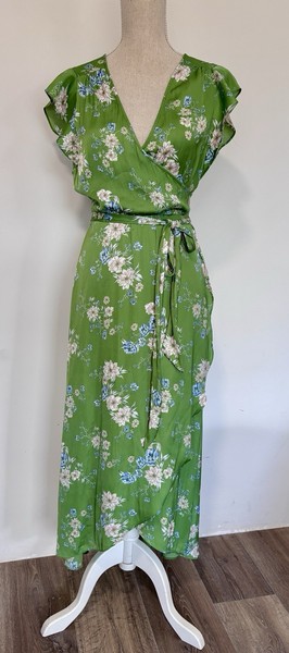 Sportsgirl Wrap Dress Apple Green Floral Size 10 Cottage Core Maxi Frill Sleeve
