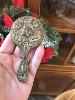 Antique Brass ART NOUVEAU SMALL Child s Doll/ Purse Hand Mirror