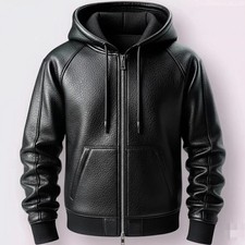Men's Black Genuine Leather Full Zip Hoodie Handmade Sheep Leather Flight Jacket