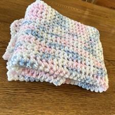Handmade Crochet Baby Afghan Blanket White Blue Pink 32x32  Swaddle