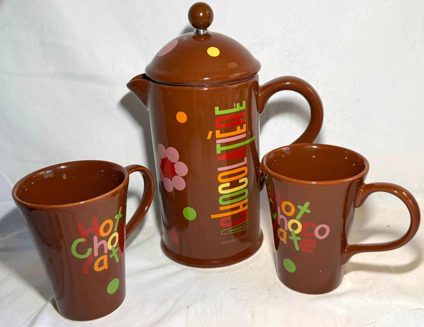 3 PC NEW LA CAFETIERE HOT CHOCOLATE POT WITH 2 MUGS FRENCH PRESS -FREE SHIP