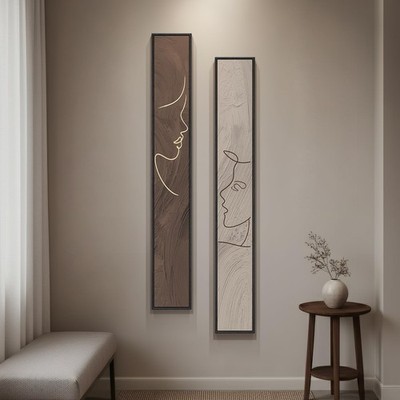 Long Narrow Framed Neutral Abstract Vertical Wall Art Set, 2 Piece Modern Can...