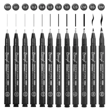 Black Art Pen Set - 12 Assorted Sizes Fine Line Drawing, Upgraded Pigment Ink...