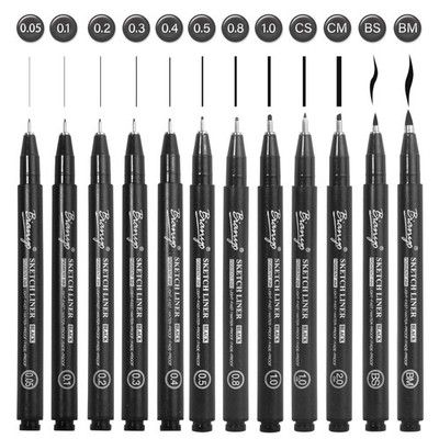 Black Art Pen Set - 12 Assorted Sizes Fine Line Drawing, Upgraded Pigment Ink...