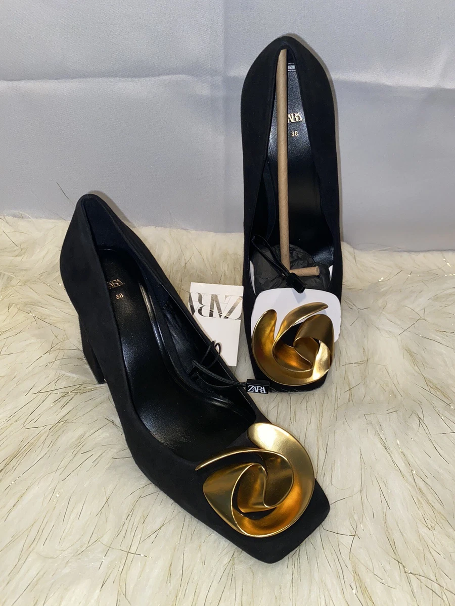 NWT ZARA BLACK SUEDE GOLD METAL FLOWER SQUARE HEEL USA 7.5 38 NOBOX